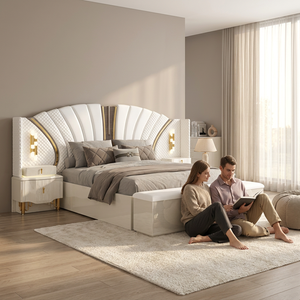 Ensemble de lit king-size moderne en cuir blanc avec tête de lit capitonnée et incurvée - Product Image 6