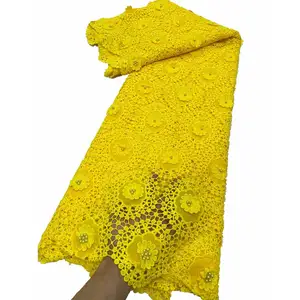 黄色3D蕾丝面料带珠法国3D贴花刺绣桂纯蕾丝面料非洲女性水溶性蕾丝面料