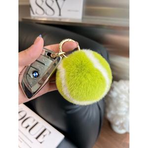سلسلة مفاتيح على شكل كرة تنس من فرو الأرانب الحقيقي، قلادة ناعمة ومريحة، زينة للحقائب الرياضية، لعبة محشوة - Product Image 5