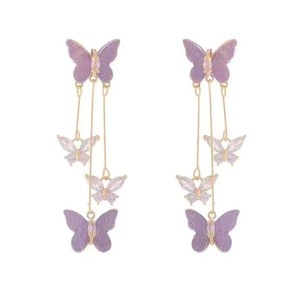 Boucles d'oreilles à pampilles papillon violettes pour femmes, élégantes boucles d'oreilles longues pendantes, bijoux de mode, cadeau de fête - Product Image 1