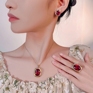 High Quality 15*20-10-12mm Red Cubic Zirconia Vintage Fashion Wholesale <b>Set</b> Eco-friendly Copper Gold Plated Jewelry <b>Set</b> - Product Image 6