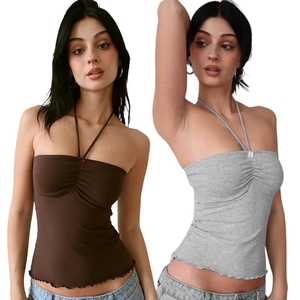 Top de Verano Sexy con Cuello Halter y Lazos, Transpirable, de Color Sólido, Tejido Elástico, sin Mangas - Product Image 1