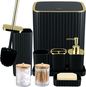 Set Bagno Lusso Nero e Oro 9 Pezzi, Set Accessori Bagno in Plastica Nero e Oro, Dispenser Sapone Nero e Oro, Set Decorazione Bagno per <span class=keywords><strong>Arredamento</strong></span> Casa - Product Image 1