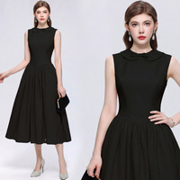 Robe noire de haute qualité pour femmes, style rétro, col Peter Pan, sans manches, coupe trapèze, longueur midi, robe décontractée pour soirée
