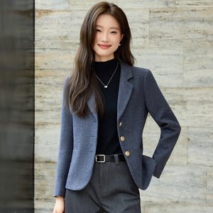 Women's Blazer Brown Gray Solid Color Woolen Fabric Single Breasted Petite Fit Autumn Winter 2025 - Product Image 3