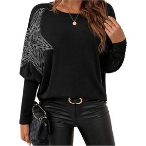 Pull en maille à manches longues pour femme, personnalisé, avec strass, col rond, décontracté, pour le printemps et l'automne, noir, taille plus, pull doux - Product Image 2