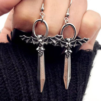 Boucles d'oreilles pendantes gothiques ailes de chauve-souris, en acier inoxydable argenté antique, longues, pour femmes, bijoux punk médiévaux sorcière