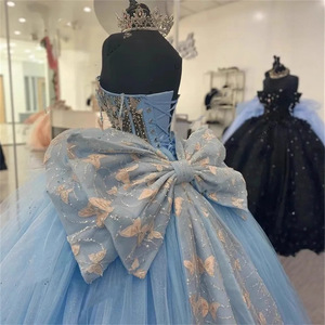 Light Blue Tulle Ball Gown Strapless 3D Butterfly Princess Dress Floral Print Prom Dress Natural Waistline - Product Image 3