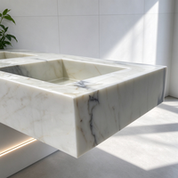 Meuble-lavabo double moderne en marbre blanc Arabescato Calcatta, pierre naturelle, finition polie, avec drain intégré et robinet monotrou