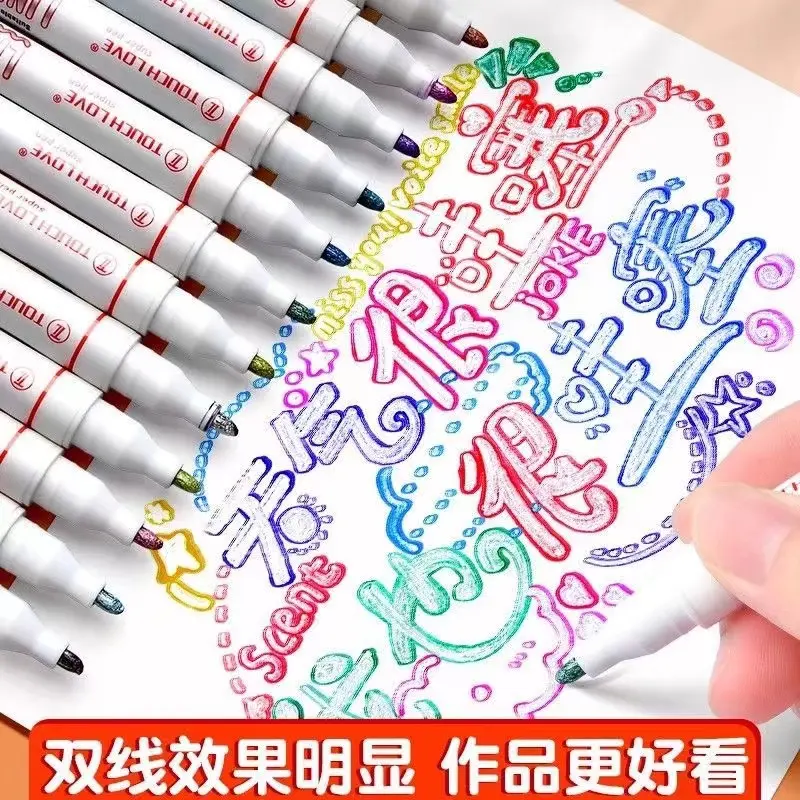 8/12/24 धातुई रंग डबल लाइन आउटलाइन मार्कर पेन पेंटिंग के लिए मार्कर हैं