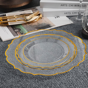 Platos <span class=keywords><strong>de</strong></span> plástico elegantes Xueli con diseño floral y borde estampado en oro, vajilla duradera inastillable para el hogar y la hostelería - Product Image 5