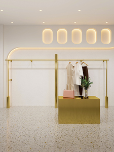 Giá đỡ trưng bày quần áo bằng kim loại cho cửa hàng bán lẻ, giá treo váy cưới, thiết kế tùy chỉnh, giá treo quần áo cao cấp gắn tường màu vàng dành cho cửa hàng thời trang - Product Image 6