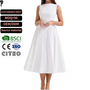 <b>White</b> Sleeveless A-Line Midi Dress Jewel Neck Woven Polyester Casual Daily Wear Simple Solid Pattern Breathable Regular Fit - Product Image 1