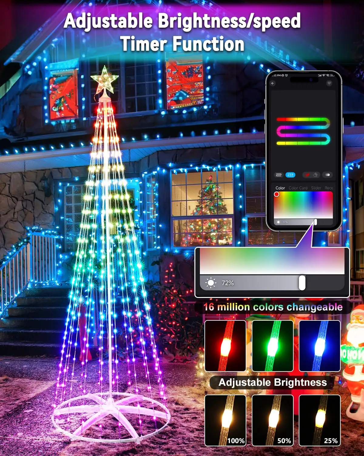 Christmas Tree Ip65 RGB Waterfall Colored Holiday Lighting Decorative Led Top Star Smart Christmas Cone Tree Lights