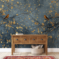 Papier peint mural luxueux bleu foncé et or avec des oiseaux et des arbres pour hôtel, salon, chambre à coucher, décoration murale intérieure avec feuilles métalliques