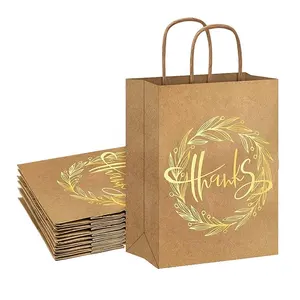 custom Gold Foil Kraft Thank You Gift Bag with logo Recyclable Wedding Birthday packaging shopping Paper Bags with Handle