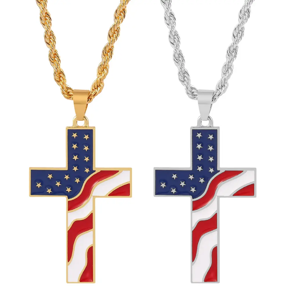 RisingMoon Blue Red White Enamel Independence Day Cross Pendant Chain Country American Flag Necklace
