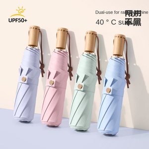 Paraguas Manual Plegable de Tres Pliegues con Protección Solar UV, Color Negro Sólido, Doble Uso para Sol y Lluvia, Mango de Madera Sólida para Mujer - Product Image 5