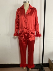 Custom Luxury Satin Silk Long Sleeve <strong>Top</strong> and Pants Two Piece Women Pajamas Set With <strong>Feather</strong> - Product Image 6