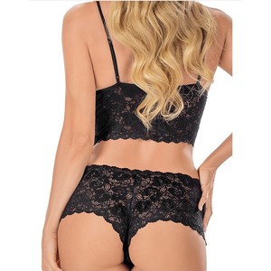 Conjunto de lencería sexy para mujer, conjunto de 3 piezas de encaje, sujetador, bragas y camisola transparente, ropa interior negra - Product Image 2