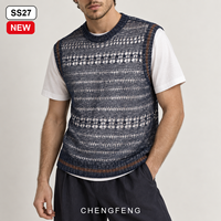 Gilet pull pour homme, logo personnalisé, OEM ODM, bleu marine, ajouré, tricoté au crochet, sans manches, col rond, style rétro, haut d'été