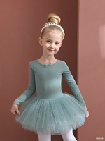 Gaun Balet Lengan Panjang Berpayet untuk Anak Perempuan dengan Rok Tutu Berpita, Kostum Tari Leotard Balerina