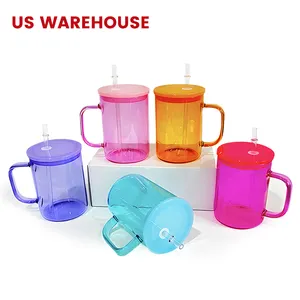 Vente en gros Entrepôt américain Tasse en verre gelée colorée transparente 17oz à sublimation pour café au chocolat chaud avec couvercle en plastique pp et paille