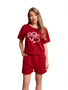 Completo da donna Nostalgia in raso a 2 pezzi, pantaloncini e maglia a maniche corte girocollo, vestibilità ampia, traspirante, per primavera estate, casual, rosso - Product Image 1