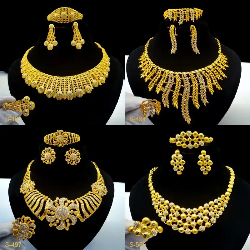Set kalung emas 1 Gram Afrika India kalung pengantin anting gelang cincin empat buah Set perhiasan