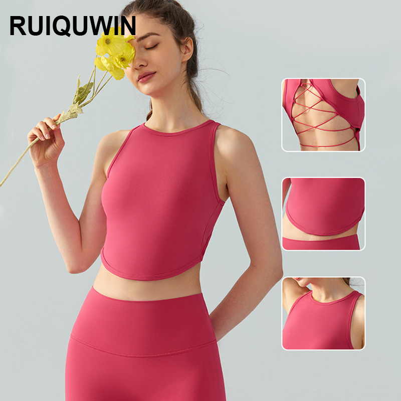 RUIQUWIN Hot Sale Summer Women's Sexy Cross Backless Yoga Bra Breathable Quick Dry Sports Vest Seamless Fitness Top Activewear