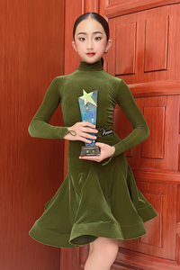Tenue de <span class=keywords><strong>Danse</strong></span> Latine pour Filles - Robe Tutu en Polyester à Manches Longues et Jupe, Col Montant, Fermeture à Crochets, pour Compétition et Entraînement Scénique - Product Image 5