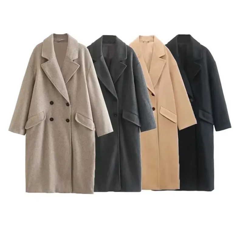 Women's Fashion Oversized Double Breasted Woolen Coats Vintage Long Sleeve Flap Pockets Girls Outerwear Chic Overcoat Woven