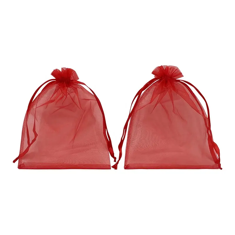 新しいリリース赤いオーガンザポーチ化粧巾着袋ポーチ包装生地ギフトバッグカスタムロゴ付き