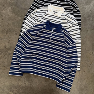 T-shirt da uomo oversize a <span class=keywords><strong>maniche</strong></span> <span class=keywords><strong>lunghe</strong></span> in cotone 100% ecologico, personalizzabile, di alta qualità, con righe vintage, tessuto a righe, del produttore - Product Image 1