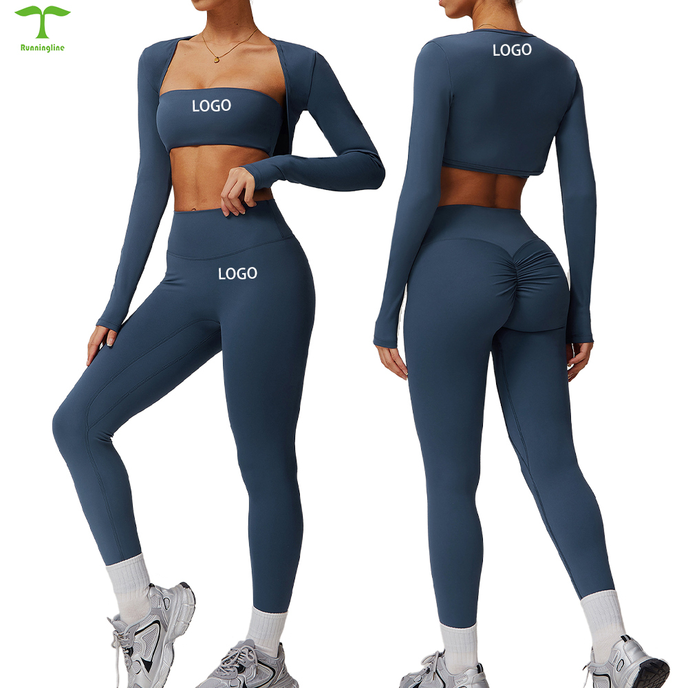 Custom OEM Quick Dry 3 Pcs Outdoor Yoga Wear Set Gym Clothes for Women Fold Yoga Leggings square Neck Jacket Gym Fitness Set
