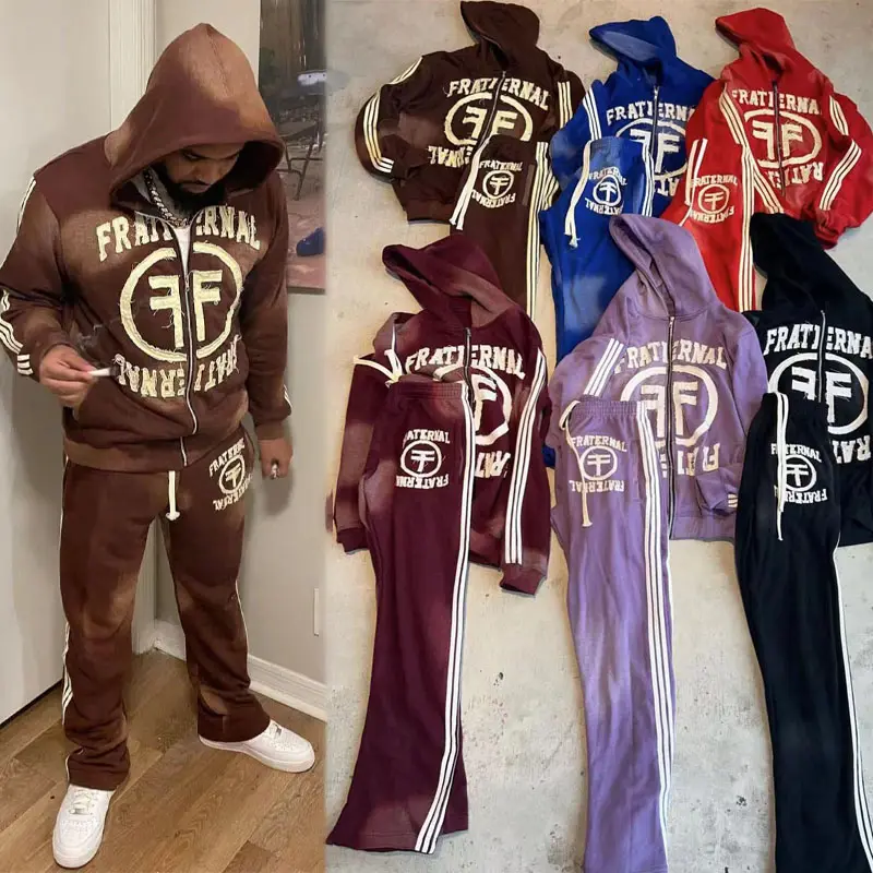 Sweatsuit kustom celana olahraga menyala dan Zip Up Hoodie Jogger Set French Terry matahari memudar Patch bordir asam cuci pakaian olahraga pria