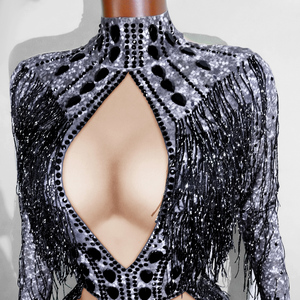 Combinaison pour femme adulte à motif argenté futuriste et franges de strass noirs, style Dark Glamour, pour Cyber Rave, <span class=keywords><strong>Majorette</strong></span>, Drag Queen et tenue de scène - Product Image 6