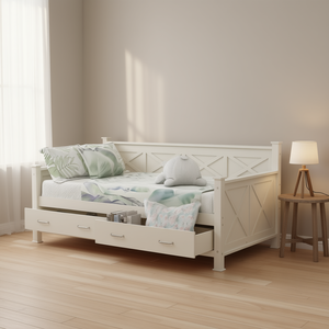 Moderno y Rústico Blanco Crema Tamaño Twin Cama de Madera Estilo Casual Cama - Product Image 2