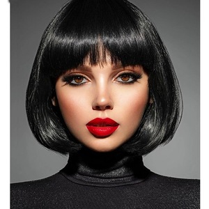 Peluca corta con <span class=keywords><strong>flequillo</strong></span>, sintética, recta, negra, resistente al calor, hecha a máquina, para mujeres, uso diario y para fiestas. - Product Image 1