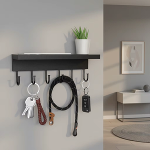 Porte-clés mural en bois noir à 6 crochets avec plateau pour rangement de salon – Prix usine abordable - Product Image 4