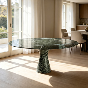 <span class=keywords><strong>Table</strong></span> à manger en marbre vert foncé Moody, piétement cintré unique, plateau rond allongé, veines naturelles, <span class=keywords><strong>table</strong></span> à manger contemporaine - Product Image 3