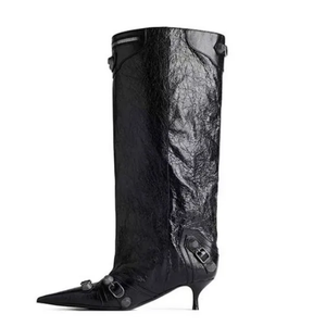 Women's Metal Studs Mid Calf Booties Pointy Toe Low Heels Short <b>Boots</b> Dress Stiletto on Top Wide Shoes - Product Image 1