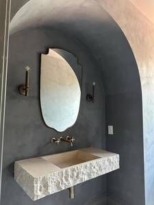 Luxury <b>Rustic</b> Travertine Floating <b>Vanity</b> Sink | Handcrafted Natural Stone Integrated Wall Mounted <b>Bathroom</b> Wash Basin - Product Image 1