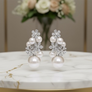 Boucles d'oreilles en perles Akoya blanches champagne, clous en argent 925, design floral, plaqué rhodium, qualité AAA, bijoux de mariage, classiques pour femmes - Product Image 2