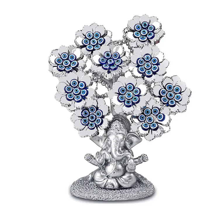 Evil Eye Flowers Glücks baum mit Silber Ganesha Hindu Elefant Gott Statue Home Office Feng Shui Schutz Ornament Segen