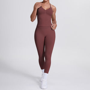 2 Piece <b>Yoga</b> <b>Set</b> Halter Neck High Waist Full Length Leggings Seamless Ruched Butt Four-Way Stretch Solid Color - Product Image 4