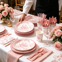 Ensemble de vaisselle jetable rose romantique à motifs floraux, assiettes, gobelets et serviettes en papier personnalisés pour mariage, fête prénuptiale, anniversaire, décoration