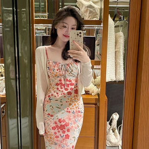 French Style Pink Floral Print Sundress Women Summer 2025 Elegant Bodycon <b>Maxi</b> Dress Spaghetti Strap Natural Waist Leisure - Product Image 1