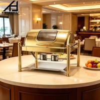 Chauffe-Plat Rectangulaire de Luxe en Acier Inoxydable Doré 9L avec Couvercle Roulant et Fenêtre en Verre pour Buffets et Traiteurs – Fournitures Hôtelières