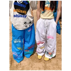 <span class=keywords><strong>Pantalon</strong></span> de survêtement décontracté d'été, style minimaliste américain, imprimé lettres, à cordon de serrage, coupe large, léger et amincissant - Product Image 1